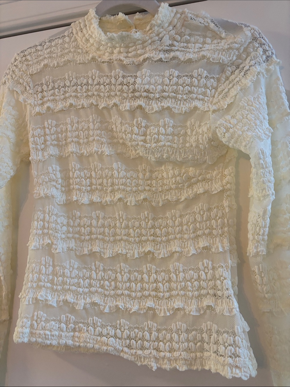 Textured Cream Ruffle Long-Sleeve Top - Picture 2 of 5